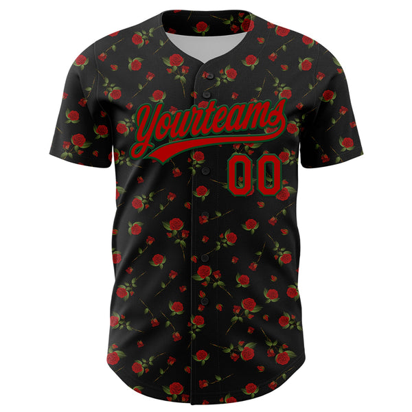 Custom Black Red-Green 3D Pattern Design Gothic Style Rose Authentic Baseball Jersey alternate
