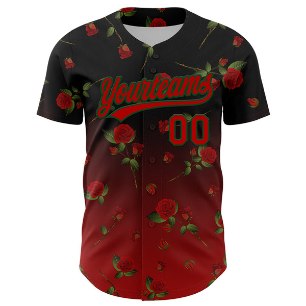 Custom Black Red-Green 3D Pattern Design Gothic Style Rose Authentic Baseball Jersey alternate