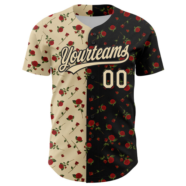 Custom Black Cream 3D Pattern Design Gothic Style Rose Authentic Baseball Jersey alternate