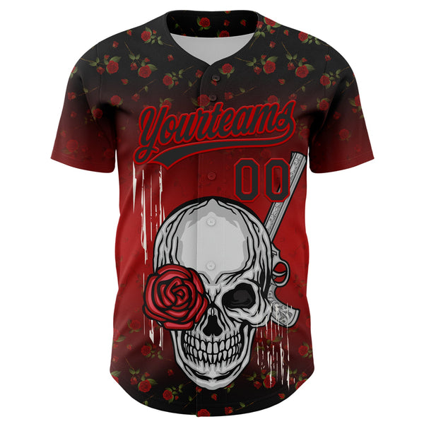Custom Black Red 3D Pattern Design Gothic Style Skull With Rose And Gun Authentic Baseball Jersey alternate