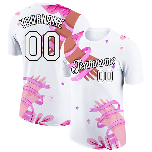 Custom White Black 3D Pink Ribbon Breast Cancer Performance T-Shirt