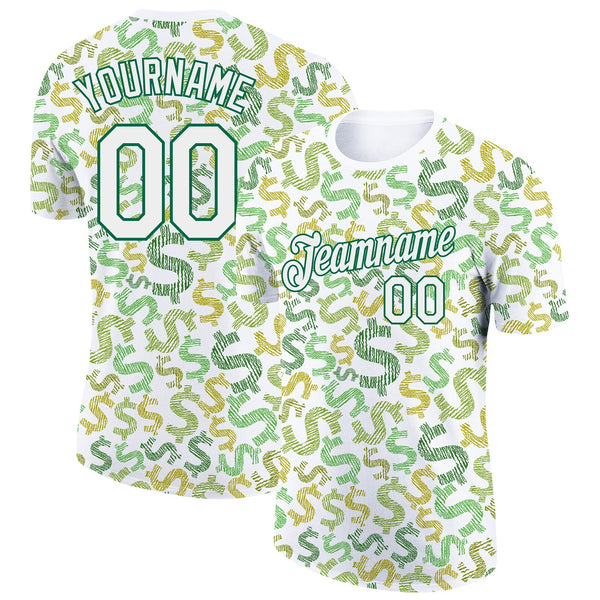 Custom White Kelly Green 3D Pattern Design Dollar Sign Money Theme Performance T-Shirt