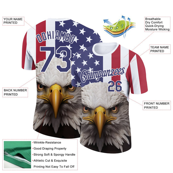 Custom White Royal-Red 3D American Flag And Eagle Performance T-Shirt alternate