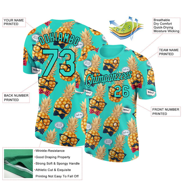 Custom Aqua Black 3D Pattern Design Hawaii Style Pineapple Performance T-Shirt alternate
