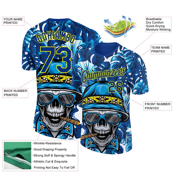 Custom Royal Light Yellow 3D Pattern Design Hawaii Style Skull And Tropical Palm Leaves Performance T-Shirt alternate