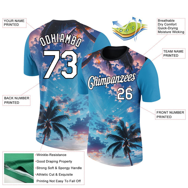Custom Powder Blue White-Black 3D Pattern Design Hawaii Palm Trees Performance T-Shirt alternate