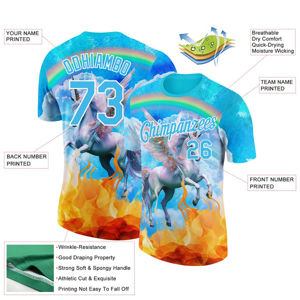 Custom Lakes Blue White 3D Pattern Design Unicorn Under The Rainbow Performance T-Shirt alternate