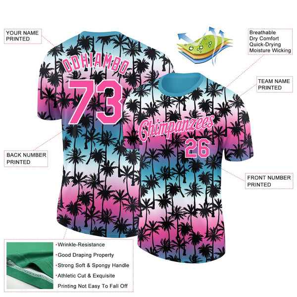 Custom Teal Pink-White 3D Pattern Design Hawaii Palm Trees Performance T-Shirt alternate