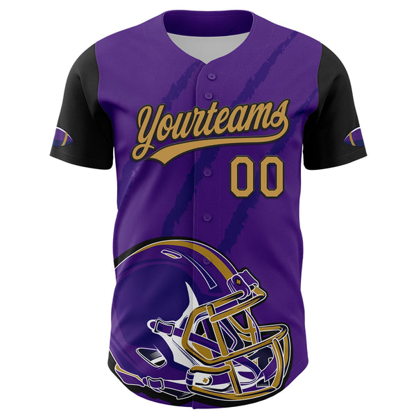 Custom Purple Old Gold-Black 3D Pattern Design Football Helmet And Animal Claw Authentic Baseball Jersey alternate