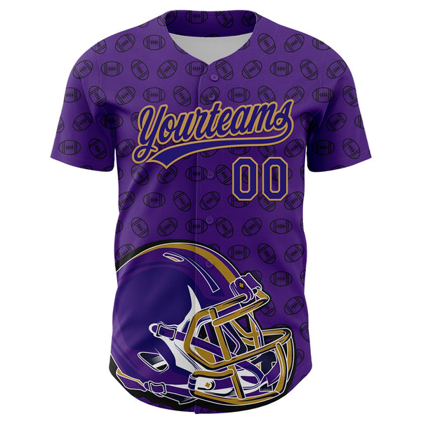 Custom Purple Dark Purple-Old Gold 3D Pattern Design Football Helmet And Ball Authentic Baseball Jersey alternate