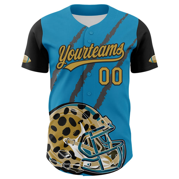 Custom Panther Blue Old Gold-Black 3D Pattern Design Football Jaguar Helmet And Animal Claw Authentic Baseball Jersey alternate