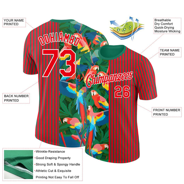 Custom Fire Red Kelly Green-White 3D Tropical Hawaii Palm Leaves And Animal Parrot Performance T-Shirt alternate