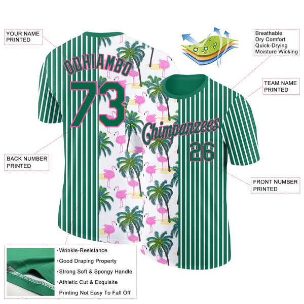 Custom Kelly Green Pink-White 3D Tropical Hawaii Palm Tree And Animal Flamingo Performance T-Shirt alternate
