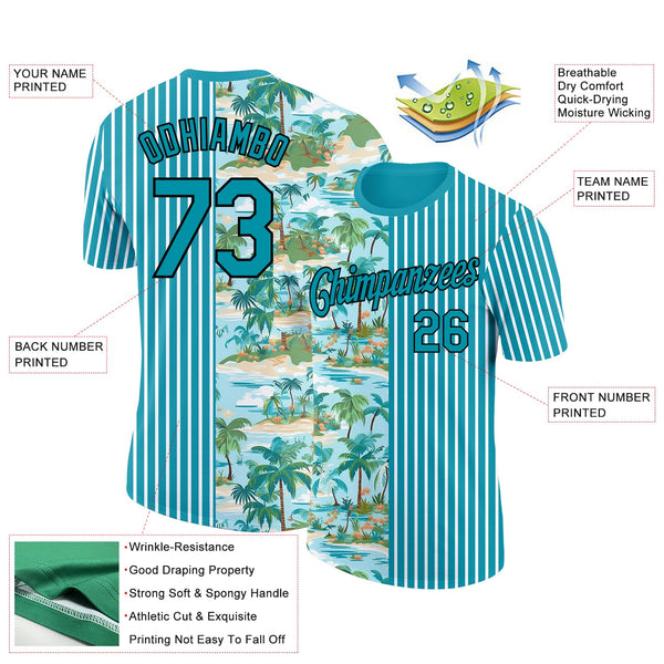 Custom Teal Black-White 3D Tropical Hawaii Beach And Palm Trees Performance T-Shirt alternate