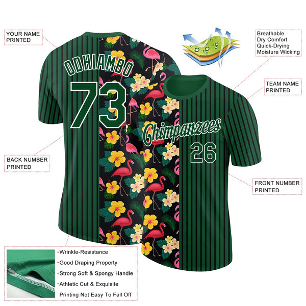 Custom Green Black-White 3D Tropical Hawaii Plant And Animal Flamingo Performance T-Shirt alternate