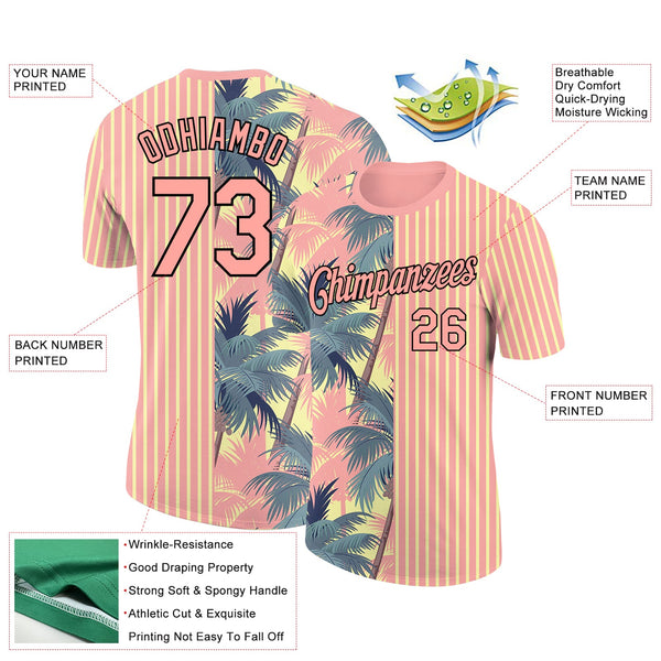 Custom Medium Pink Light Yellow-Black 3D Tropical Hawaii Trees Performance T-Shirt alternate