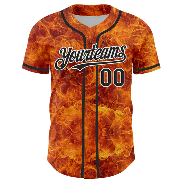 Custom Orange Black-White 3D Pattern Design Rave Flame Authentic Baseball Jersey alternate