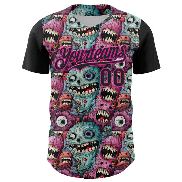 Custom Black Deep Pink 3D Pattern Design Rave Monster Authentic Baseball Jersey alternate