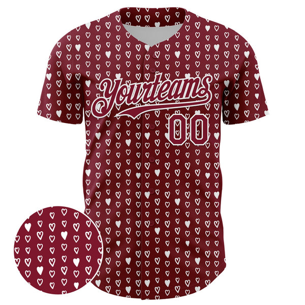 Custom Crimson White 3D Pattern Design Hearts Authentic Baseball Jersey alternate