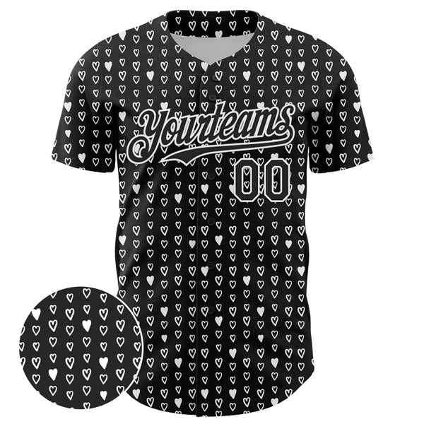 Custom Black White 3D Pattern Design Hearts Authentic Baseball Jersey alternate