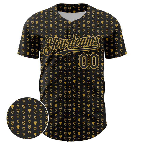 Custom Black Old Gold 3D Pattern Design Hearts Authentic Baseball Jersey alternate
