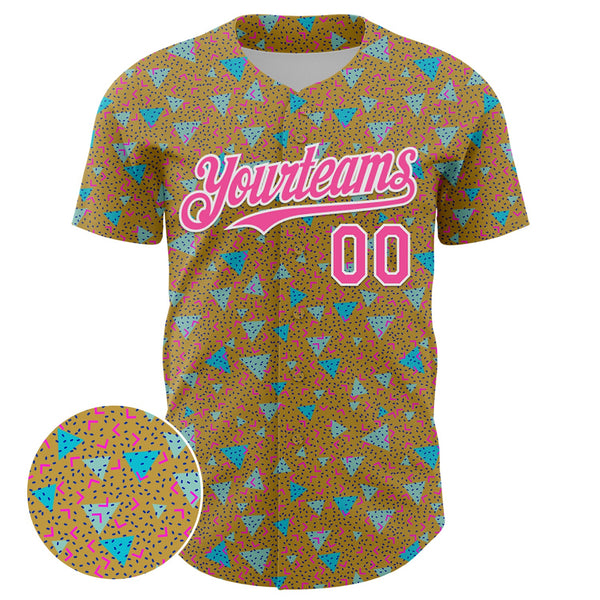 Custom Old Gold Pink-White 3D Pattern Design Geometric Shape Authentic Baseball Jersey alternate
