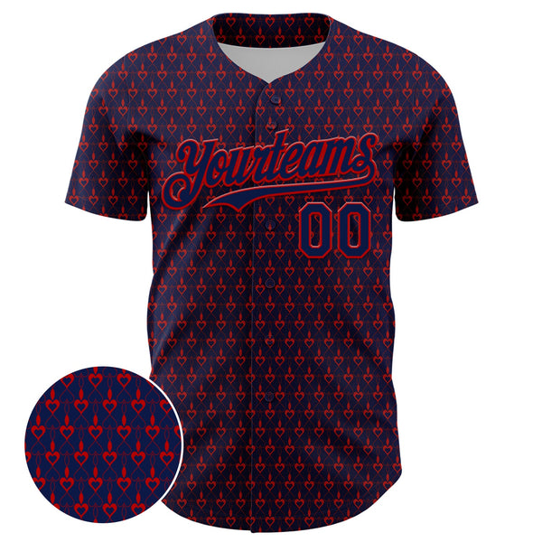 Custom Navy Red 3D Pattern Design Hearts Authentic Baseball Jersey alternate