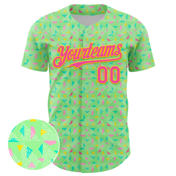 Custom Pea Green Pink-Yellow 3D Pattern Design Geometric Shape Authentic Baseball Jersey alternate