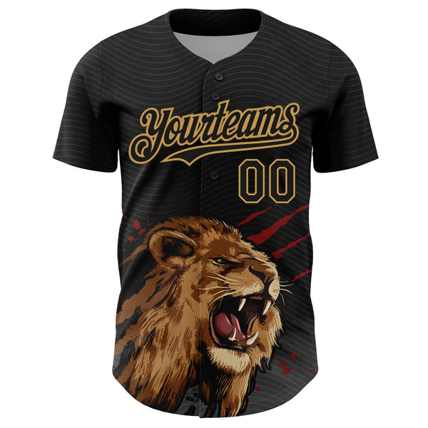 Custom Black Old Gold 3D Pattern Design Animal Lion Authentic Baseball Jersey alternate
