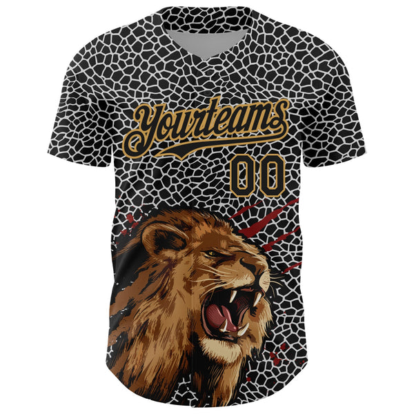 Custom Black Old Gold 3D Pattern Design Animal Lion Authentic Baseball Jersey alternate