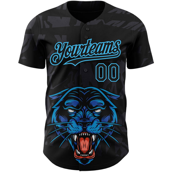 Custom Black Sky Blue 3D Pattern Design Animal Panther Authentic Baseball Jersey alternate