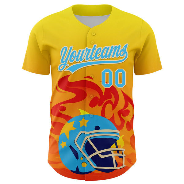 Custom Light Yellow Sky Blue Orange-Cream 3D Pattern Design Flame Football Helmet Authentic Baseball Jersey alternate