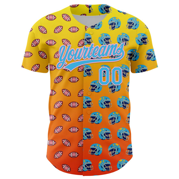 Custom Light Yellow Sky Blue Orange-Medium Pink 3D Pattern Design Football Helmet And Football Elements Authentic Baseball Jersey alternate