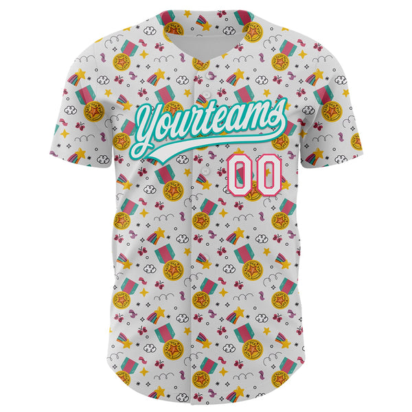 Custom White Neon Pink-Aqua 3D Pattern Design Champion Medal Authentic Baseball Jersey alternate