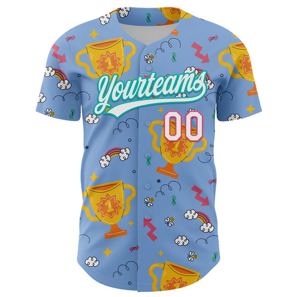 Custom Light Blue Neon Pink-Aqua 3D Pattern Design Champion Trophy Authentic Baseball Jersey alternate