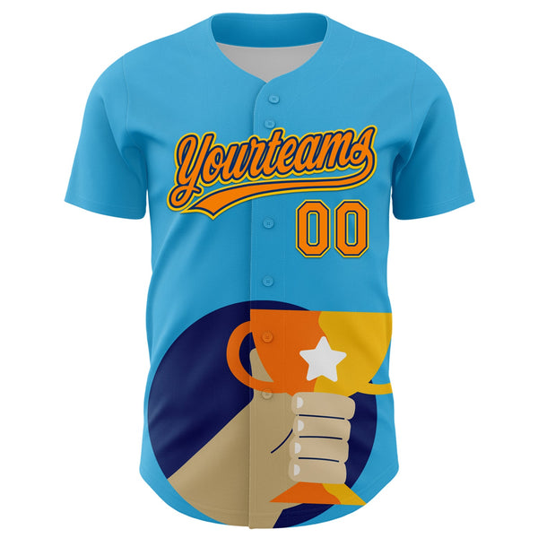 Custom Sky Blue Bay Orange US Navy Blue-Yellow 3D Pattern Design Champion Trophy Authentic Baseball Jersey alternate