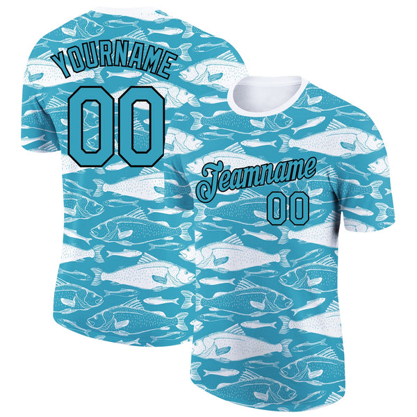 Custom Panther Blue Black-White 3D Pattern Design Fish Performance T-Shirt