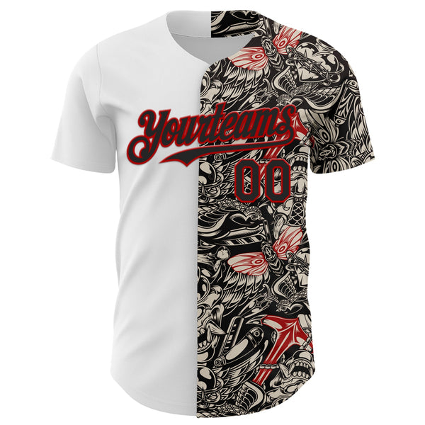 Custom White Black-Red 3D Pattern Design Vintage Tattoos Authentic Baseball Jersey alternate