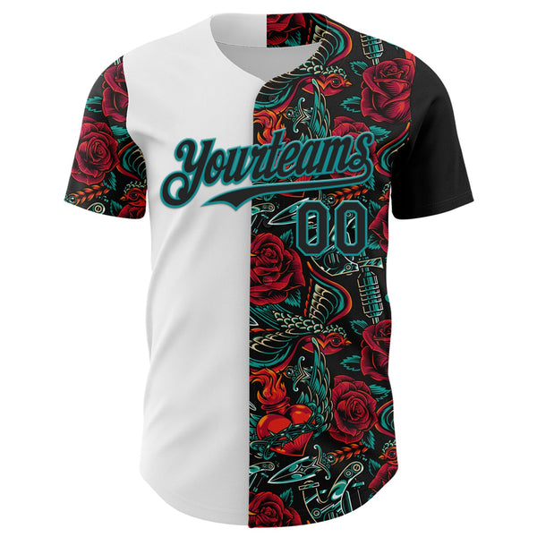 Custom White Black-Teal 3D Pattern Design Vintage Tattoos Authentic Baseball Jersey alternate