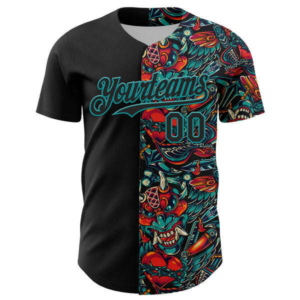 Custom Black Teal 3D Pattern Design Vintage Tattoos Authentic Baseball Jersey alternate