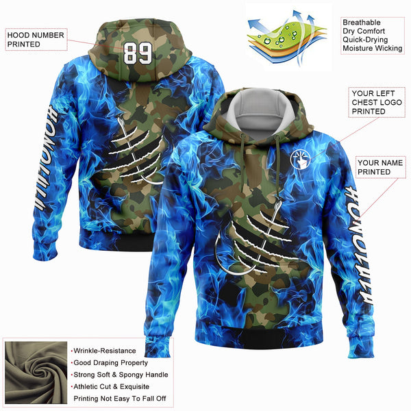 Custom Camo White-Black 3D Flame And Fish Hook Fishing Sports Pullover Sweatshirt Salute To Service Hoodie alternate