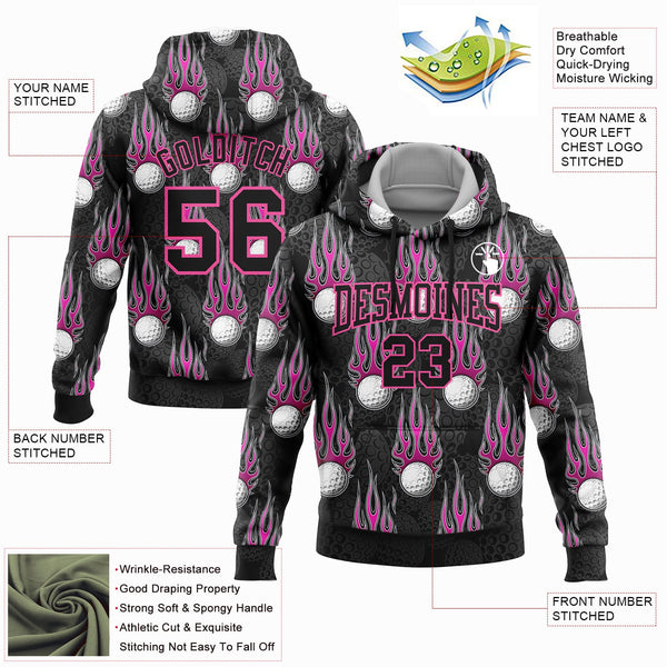 Custom Stitched Black Pink-White 3D Flame Golf Ball Sports Pullover Sweatshirt Hoodie alternate