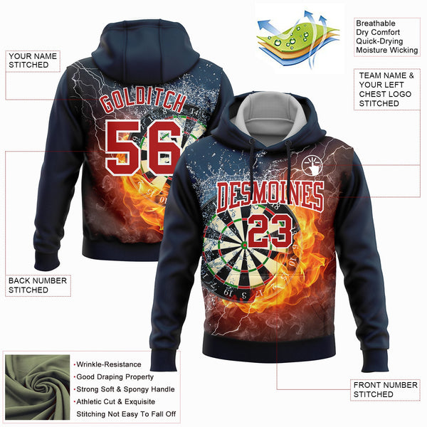Custom Stitched Navy Red-White 3D Flame Dart Board Sports Pullover Sweatshirt Hoodie alternate