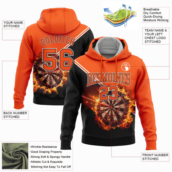 Custom Stitched Orange Black-White 3D Flame Dart Board Sports Pullover Sweatshirt Hoodie alternate