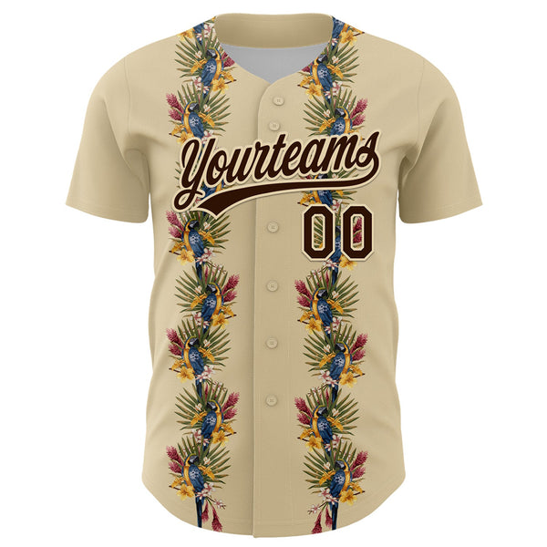 Custom Cream Brown 3D Tropical Hawaii Palm Tree And Bird Authentic Baseball Jersey alternate