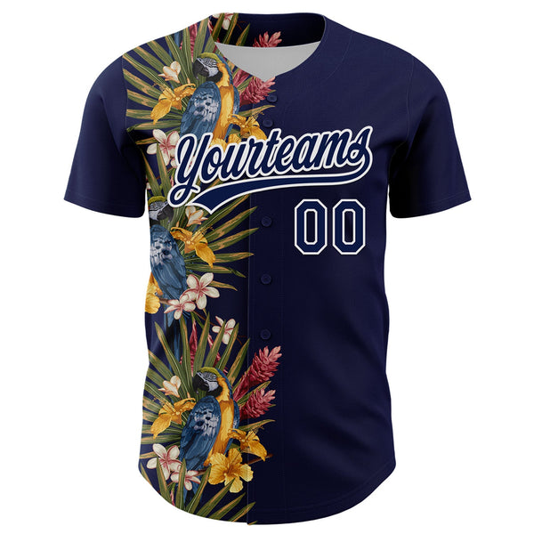 Custom Navy White 3D Tropical Hawaii Palm Tree And Bird Authentic Baseball Jersey alternate
