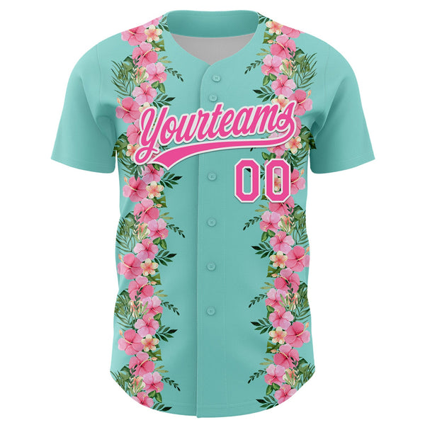 Custom Ice Blue Pink-White 3D Tropical Hawaii Jungle Leaves And Flower Authentic Baseball Jersey alternate
