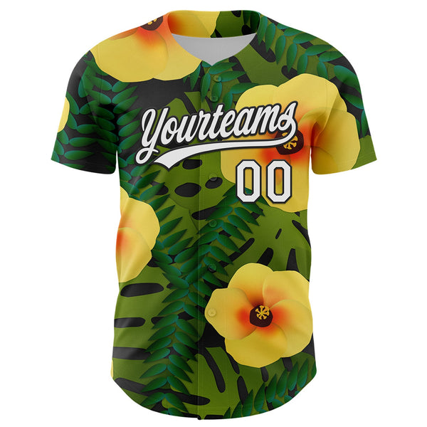 Custom Green White-Black 3D Tropical Hawaii Jungle Leaves And Flower Authentic Baseball Jersey alternate