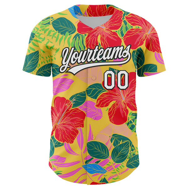 Custom Red White-Black 3D Tropical Hawaii Jungle Leaves And Flower Authentic Baseball Jersey alternate