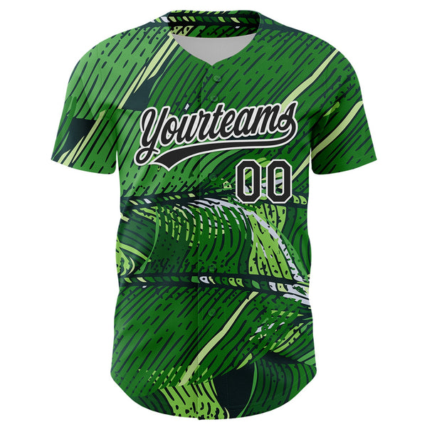 Custom Green Black-White 3D Tropical Hawaii Jungle Leaves Authentic Baseball Jersey alternate